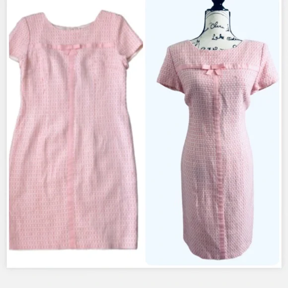 Vintage White & Pink Sheath Midi Dress plaid Tweed Cap Sleeves Size Large - Picture 2 of 13